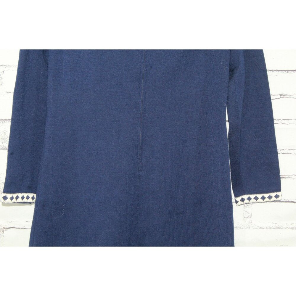 Vintage R&K Knits Womens Navy Blue Embroidered High Neck Dress Dark Academia Mod - Picture 10 of 12